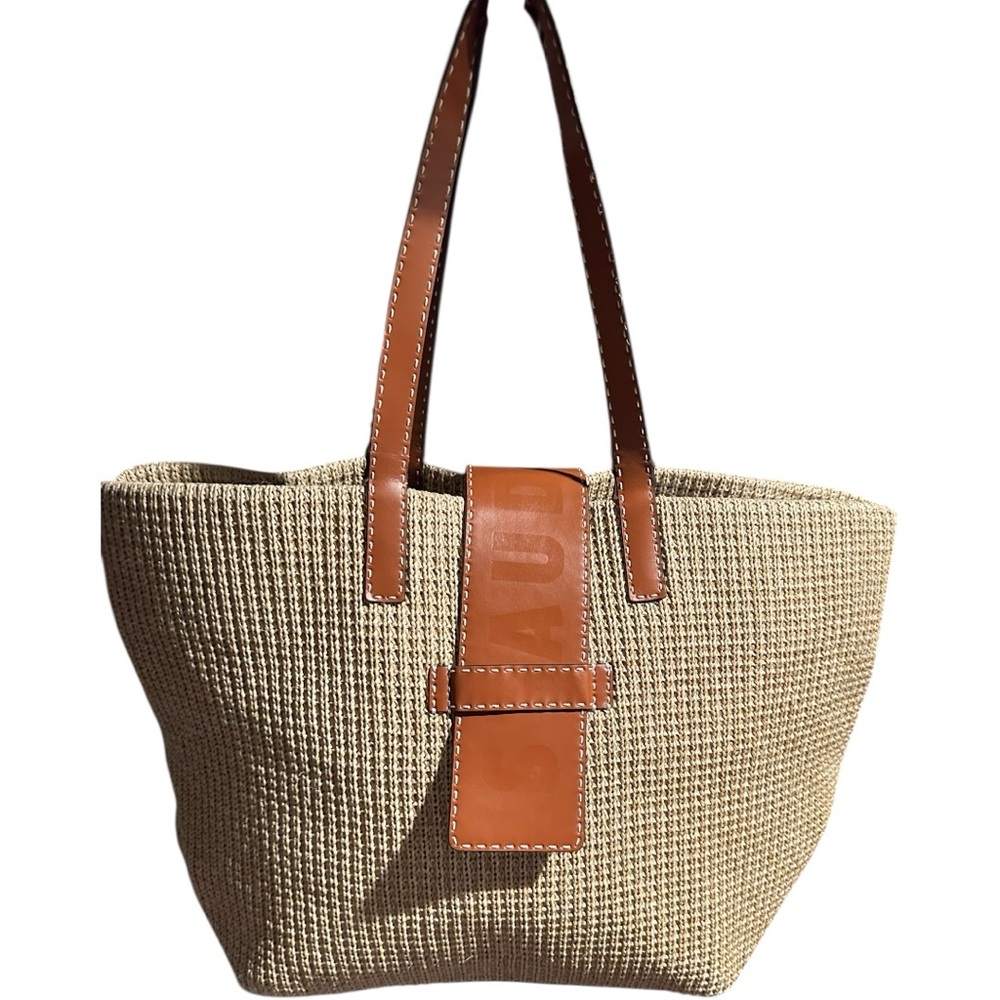 STAUD Woven Wicker and Leather Large Tote Shoulder Bag Mercato